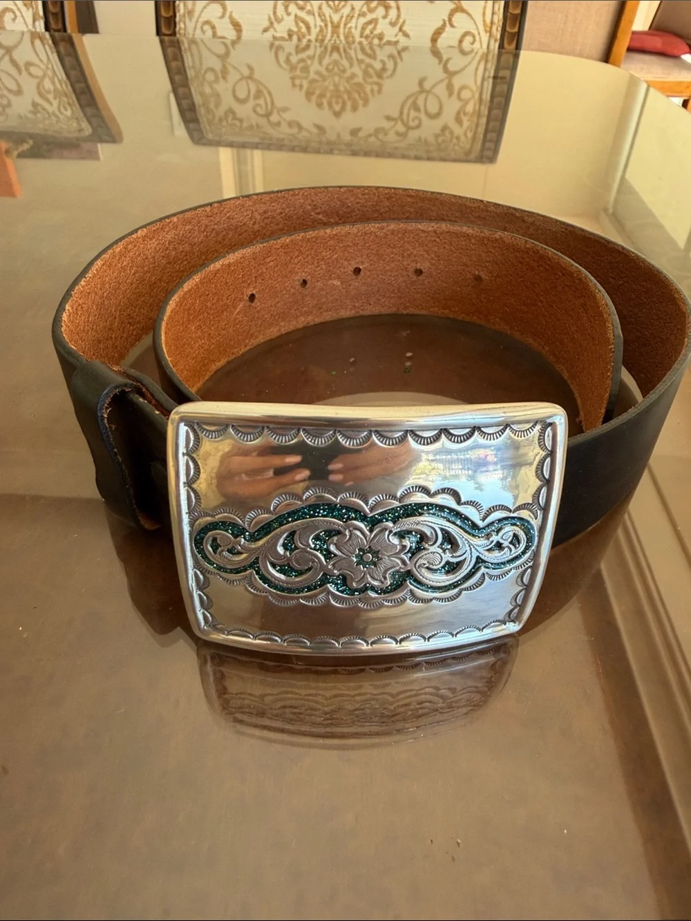 Women’s Black Leather Belt with Decorative Silver Buckle